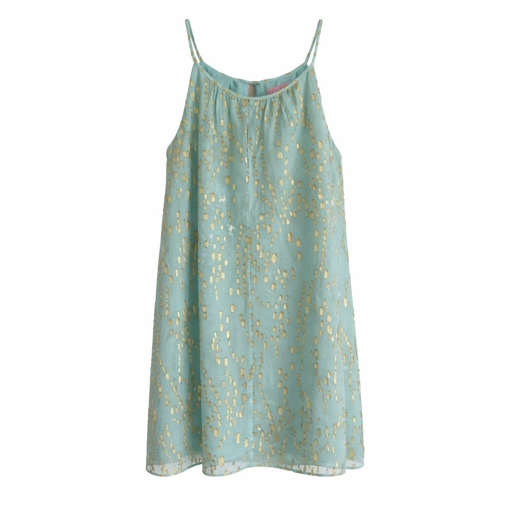 Lilly Pulitzer Aqua Silk Metallic Tank Top Size M Gold Detail Keyhole
